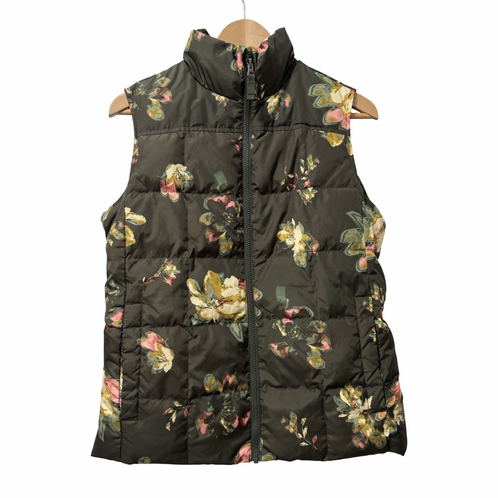 Lands End Womens Floral Down Puffer Full Zip Vest Size S Olive Green Lightweight